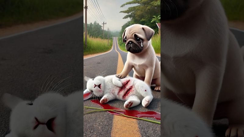 Poor rabbit was hurted by monkey ,luckily pug rescued him #rescue #cute #animals #story #cuteanimals