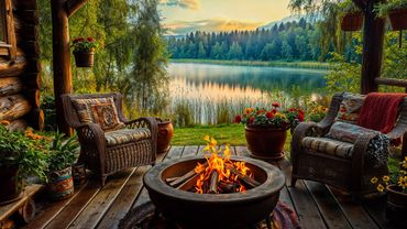 Summer Porch Vibes with Birdsong and Crackling Fire Pit by the Lake – Relaxing Nature Sounds