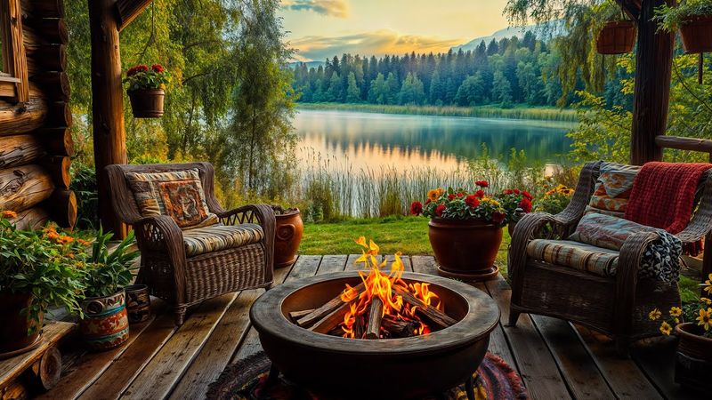 Summer Porch Vibes with Birdsong and Crackling Fire Pit by the Lake – Relaxing Nature Sounds