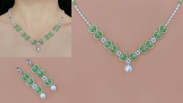 “Verdant Love” Beaded Heart Necklace and Earrings with Crystal Bicones & Pearls. DIY Beaded Jewelry