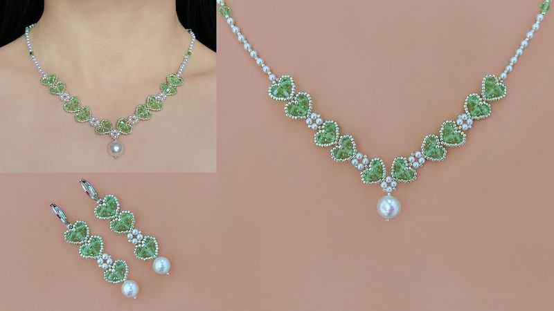 “Verdant Love” Beaded Heart Necklace and Earrings with Crystal Bicones & Pearls. DIY Beaded Jewelry