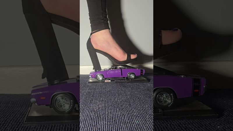 Purple dodge charger crushed in high heels #crushexperiment #highheels #asmrcrush #modelcarcrush