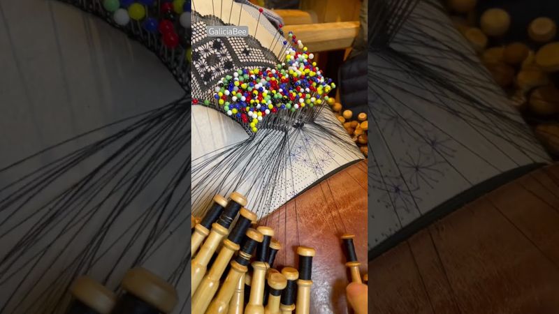 My colleague at the castle 🏰 is working on a gorgeous Spanish fan piece today! #bobbinlace #lace