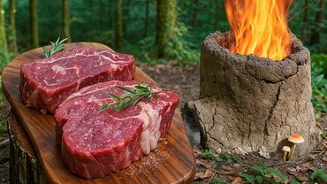 Primitive Steak Cooking in a Clay Oven Built from Mud and Sticks