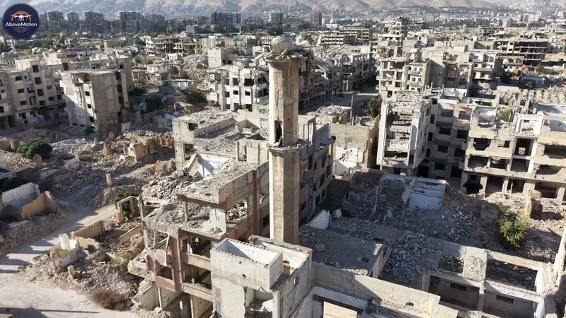 War destruction in Jobar city (Dmascus, Syria) - 4K HDR Aerial View