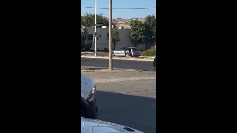 Wild death-defying man hangs on to speeding car