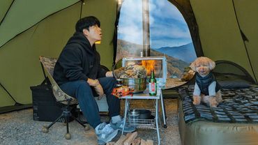 800m Mountain Camping with My Dog . Hot Tent . Wood Stove ASMR