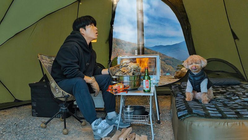 800m Mountain Camping with My Dog . Hot Tent . Wood Stove ASMR