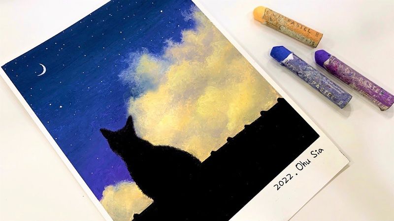 오일파스텔 초보 / 지붕 위의 고양이 그리기 / Drawing a cat on the roof / oil pastel painting for beginners