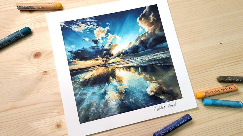 Sonnenuntergang Seelandschaft mit Wolken mit Ölpastell gemalt