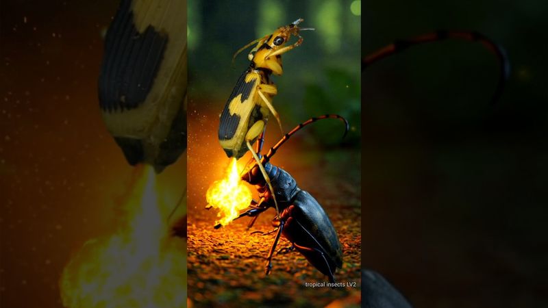 Bombardier beetle's unique defense mechanism - spraying hot acid at Longhorn beetle🥶😱 #bombardier