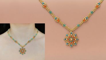 "Radiant Blossom" Beaded Flower Pendant Necklace with Seed Beads and Pearls. DIY Beaded Jewelry