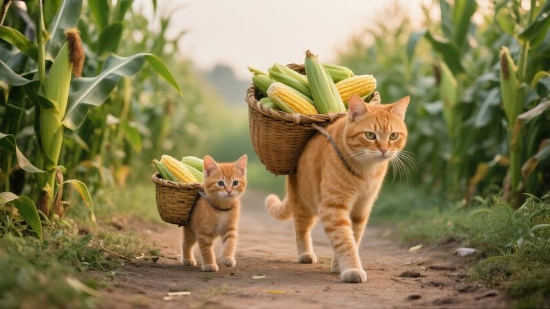 Kitten Helps Tired Mama Cat Harvest Corn – Rewarded with Homemade Cornbread! 🐾🌽❤️#cat #cute #funny