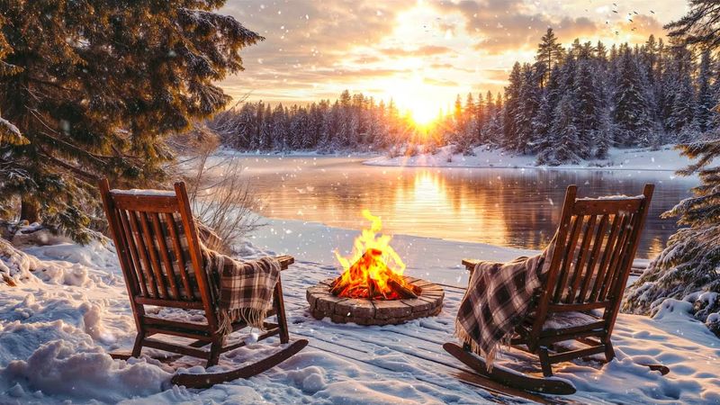 Winter Dawn at Lakefront with Gentle Fire Sounds, Calming Snowfall and Water Sounds for Relaxing