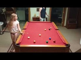 Mixed sports girl vs guy match daughter and dad play pool