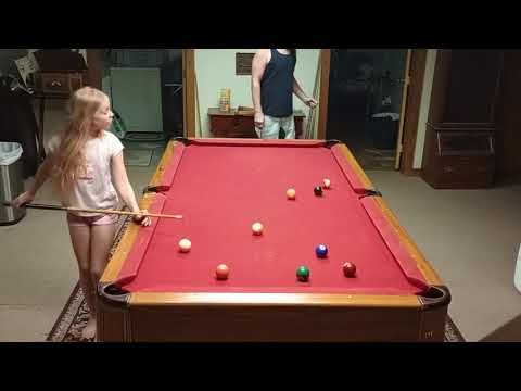 Mixed sports girl vs guy match daughter and dad play pool