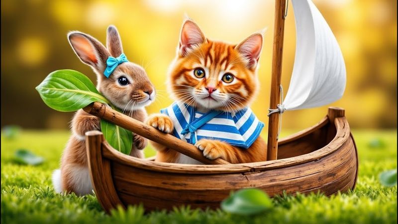 ⛵ GingMeow: Tiny Cat and Bunny Build a Tiny Boat! Teamwork Fun 🐱🐰 | #kitten #teamwork #adventure