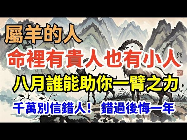屬羊的人命裡有貴人也有小人 八月誰能助你一臂之力，貴人生肖曝光 第三個連你都想不到，貴人與小人一線之差 千萬別信錯人！ 錯過後悔一年