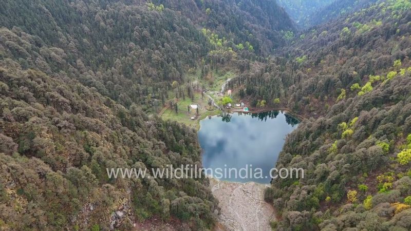 Source of Assi Ganga stream, an aerial view of Dodital Emerald Lake beyond Uttarkashi