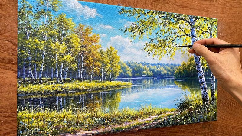 How to draw landscape painting #08 - Lakeside birch forest landscape / Acrylic painting / A Lu Art.