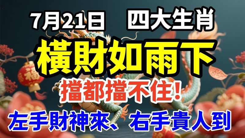 7月21日！四大生肖翻身日！左手財神來、右手貴人到，橫財如雨下，擋都擋不住！ #生肖  #運勢  #玄學 #風水