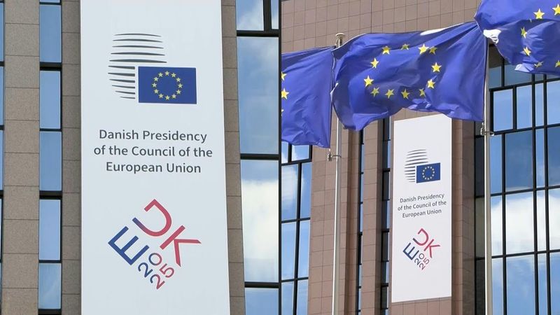 Denmark takes over the presidency of the European Council as its logo appears on its building | AFP