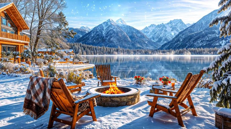 Snowy Winter Lakeside Cabin: Relaxing Morning with Snowfall and Crackling Fire Sounds, Lake Sounds