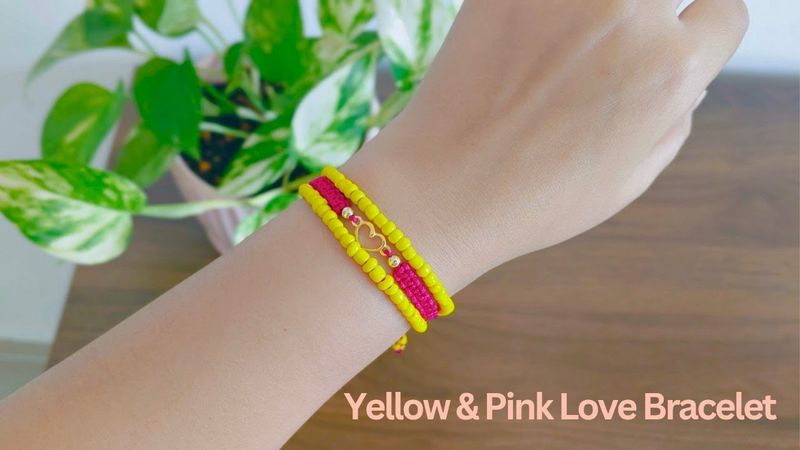 Handmade Yellow–Pink Beaded Bracelet with Heart Charm ✨ ( Step by step ).