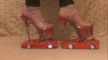 Giantess crush 2 Ferrari toy car in platform heels