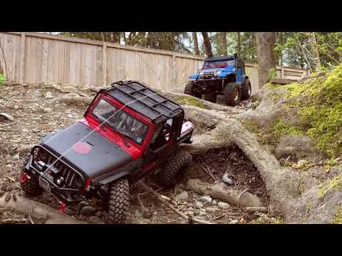 RC4WD Wrangler YJ & GCM Skeleton JK on off-roading trail