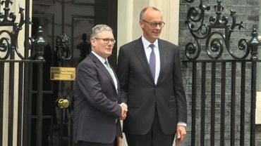 German Chancellor Merz and British Prime Minister Starmer arrive at Downing Street | AFP