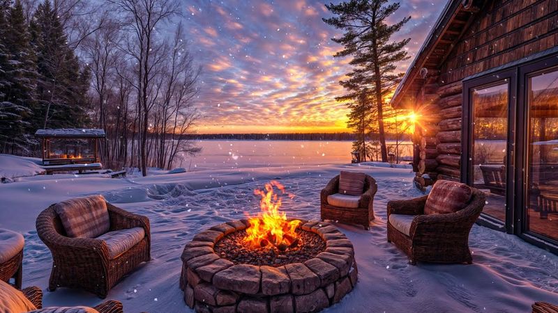 Escape to a Winter Wonderland: Sunset Lakeside with Gentle Snowfall and Relaxing Fire Sounds