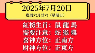 小運播報：2025年7月20日（星期日）農曆六月廿六