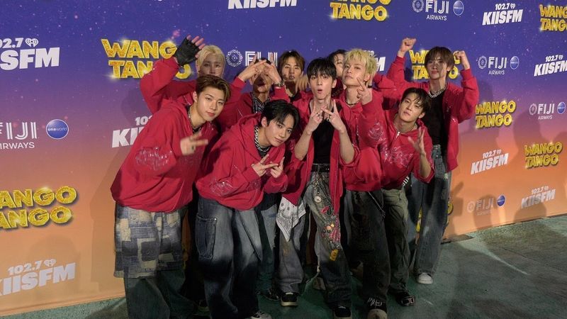 Boy band xikers attends iHeartRadio's 102.7 KIIS FM Wango Tango 2025 green carpet