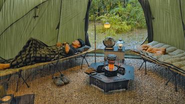Forest Camping in Rain with My Dog . New Hot Tent . The Sound of Rain ASMR