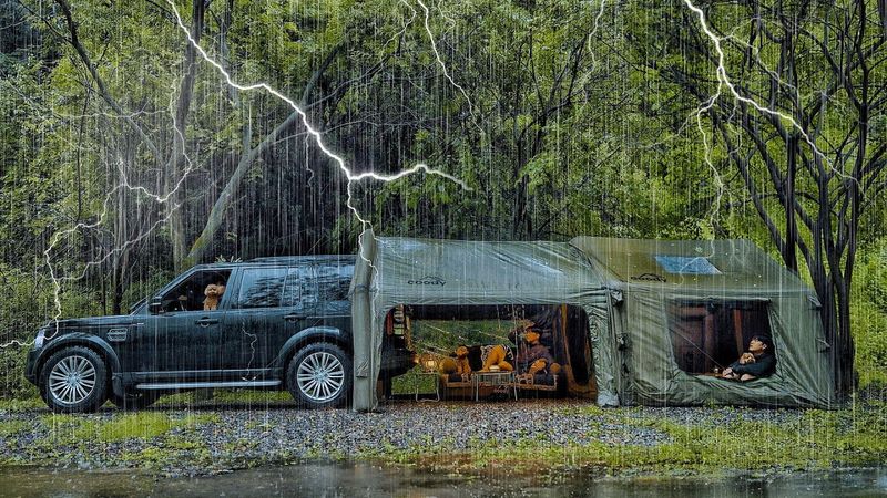 Camping in Heavy Rain with My Dog . 3-Room Inflatable Tent . Sound of Rain ASMR