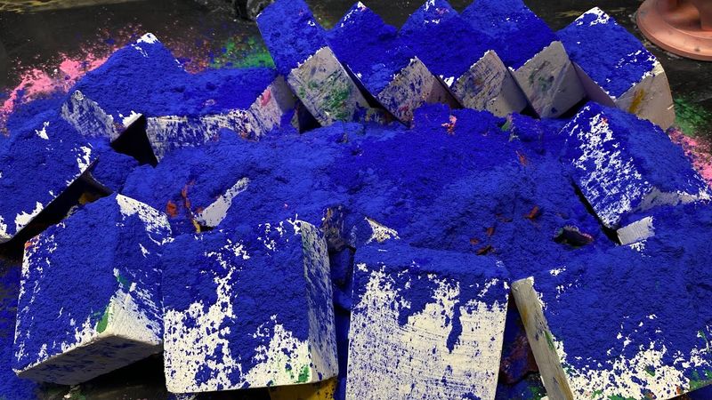 Pebbles and Fresh Soft Chalk Blocks Topped with Blue Holi Powder | Pebbles Play | Chalk ASMR
