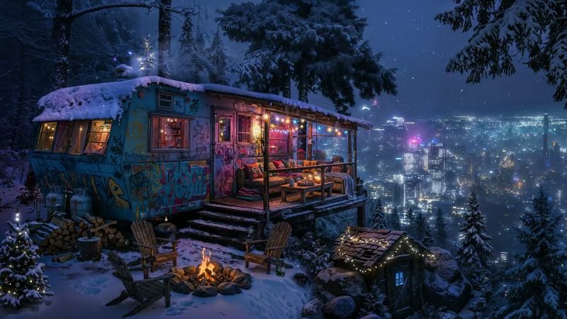 🎵 Trailer Life: Winter Hideout overlooking Shinjora City | Snow and Ambient Music | 4K | 10 hours