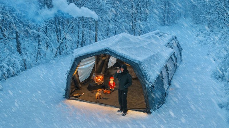 Camping in Heavy Snow with My Dog . 3-Room Inflatable Tent . Wood Stove ASMR