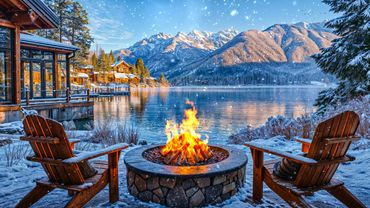 Magical Winter Escape in Mountains Lakeside: Snowfall, Crackling Fire & Wind Sounds. Nature Sounds