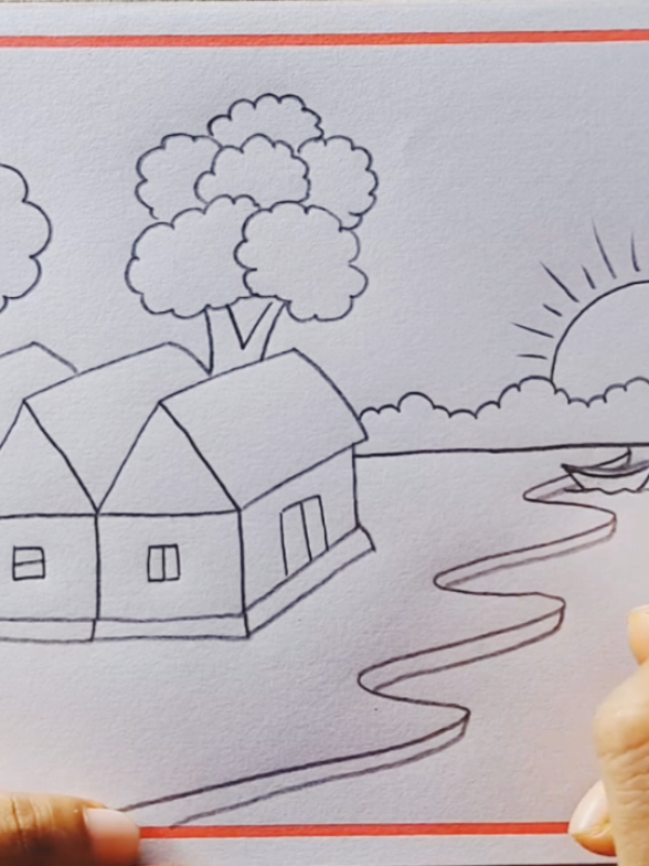 Village River Scenery Drawing Tricks 💛💚🌳 Pencil Drawing 💛💚 Bangla Voi...